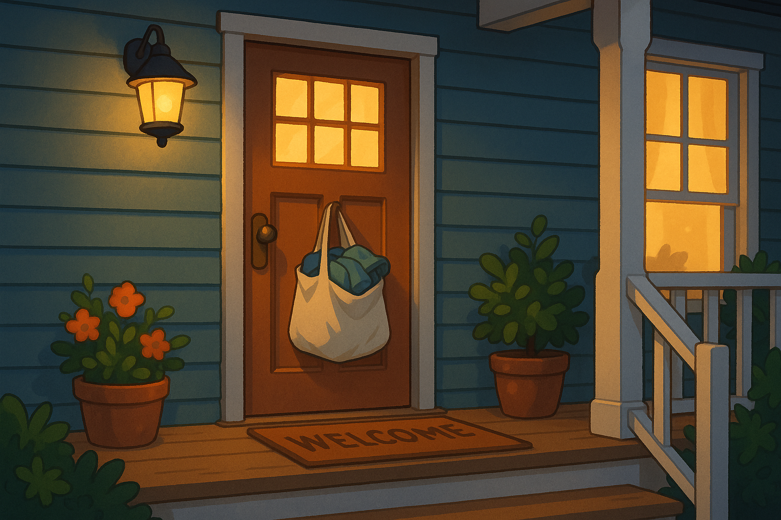 animated front porch with a bag on door handle it with clothes inside