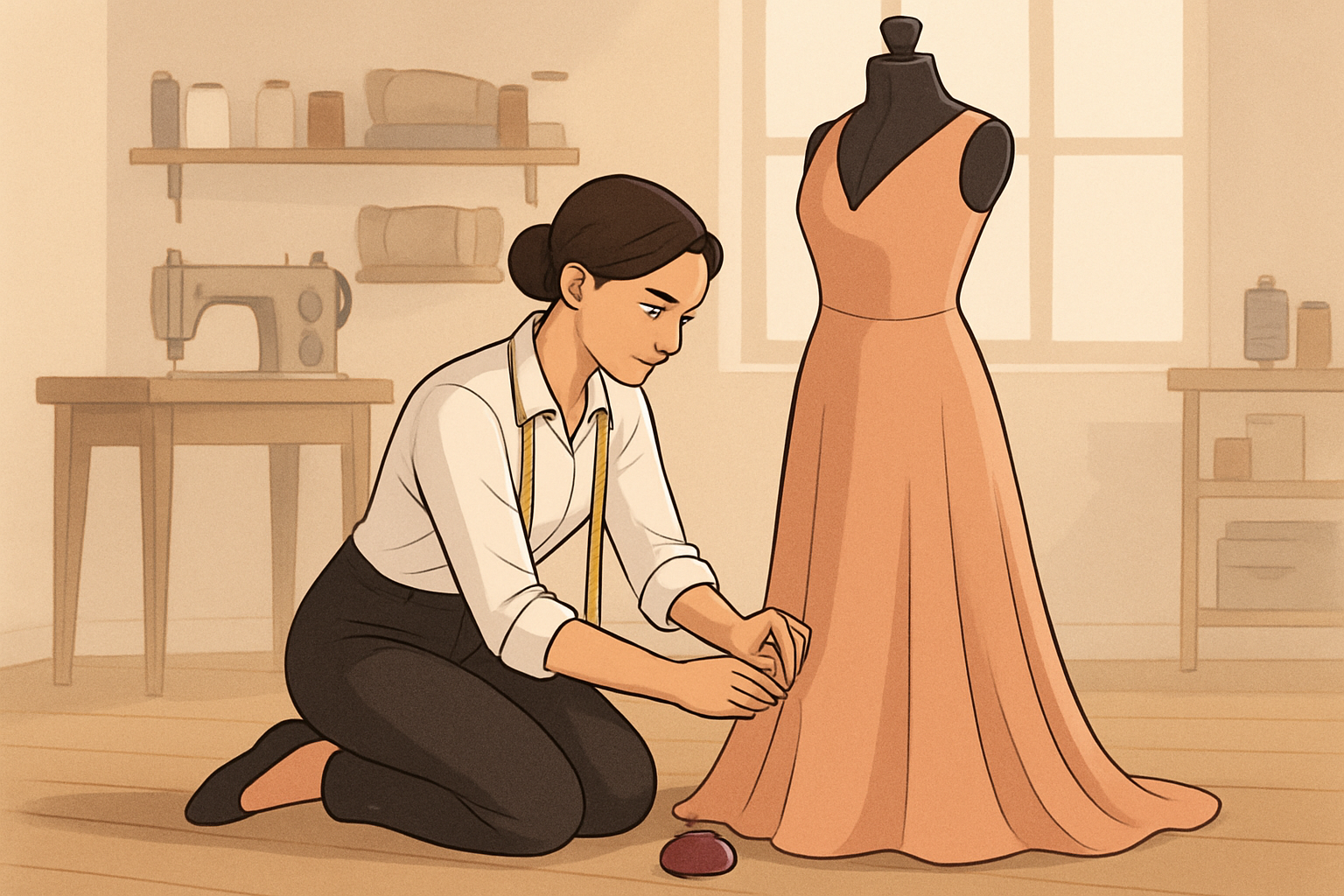 animation of a tailor girl on her knees pinning a dress